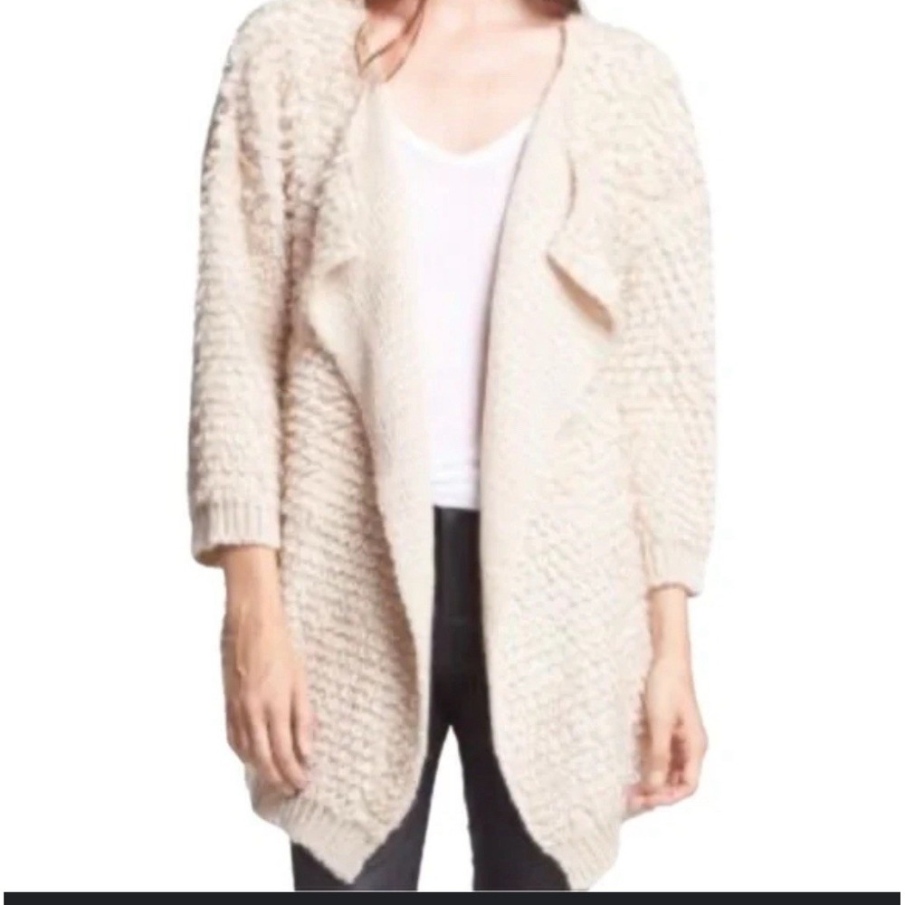 McGinn Open Front Cardigan Womens M/L Beige Popcorn Knit Shaggy Boho